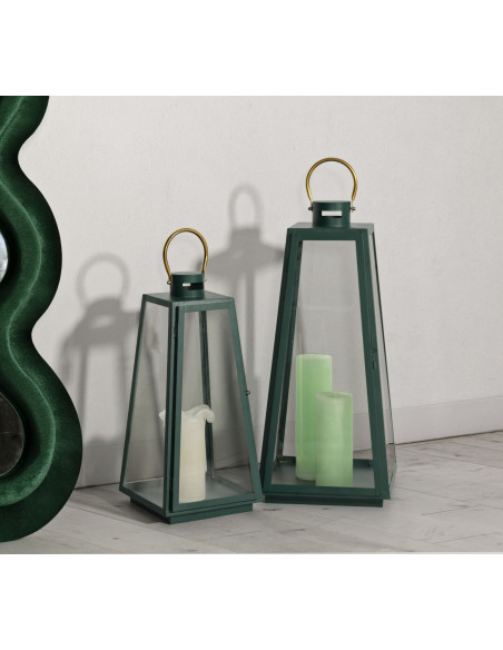 Lanterne à bougie moderne en Métal Vert Doré Verre Transparent Grent (Lot de 2) 