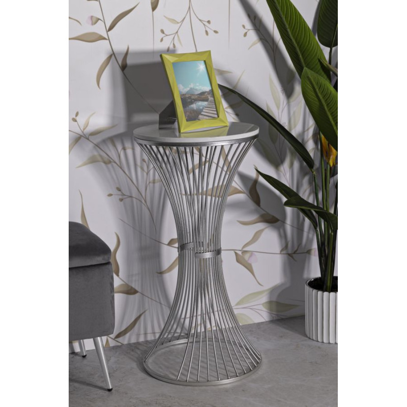 Sellette haute moderne Ronde Hauteur 79 cm en Marbre Blanc Métal Argenté Funnel 