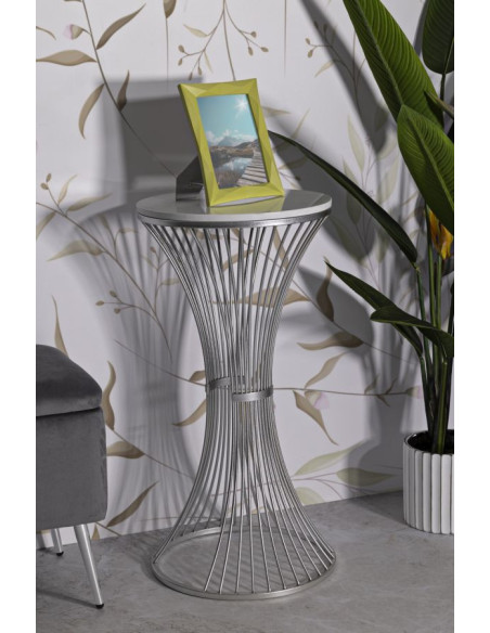 Sellette haute moderne Ronde Hauteur 79 cm en Marbre Blanc Métal Argenté Funnel 