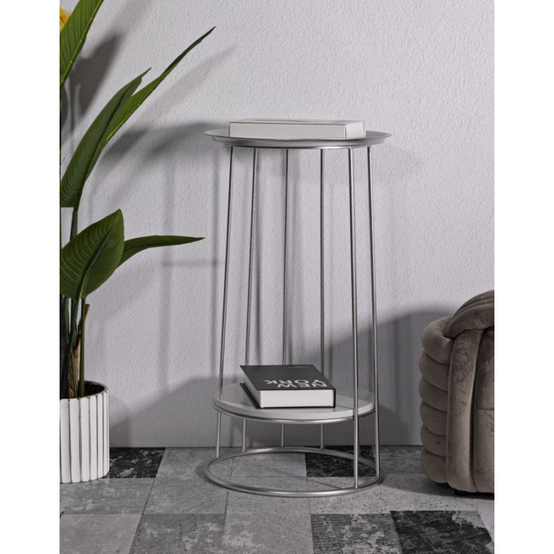 Sellette haute moderne Ronde 1 étagère en Métal Argenté Marbre Blanc Towery 