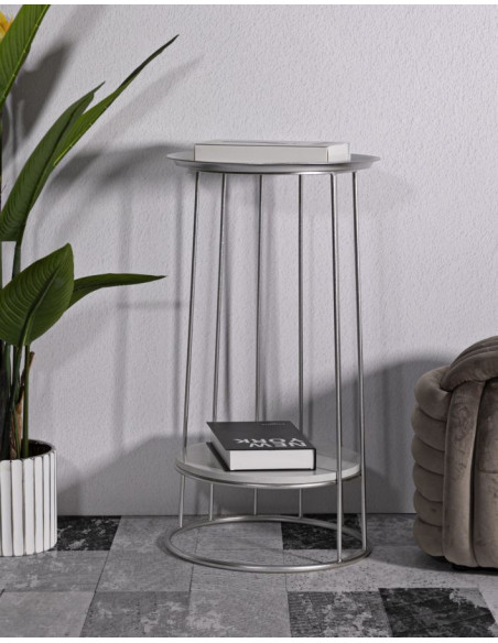 Sellette haute moderne Ronde 1 étagère en Métal Argenté Marbre Blanc Towery 