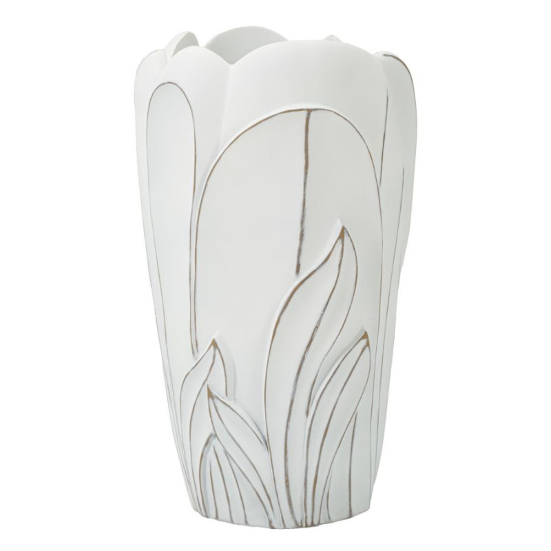 Grand Vase moderne Rond Hauteur 48 cm en Résine Blanc Patiné Motif feuilles Gardy 