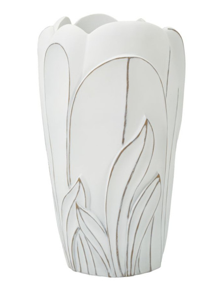 Grand Vase moderne Rond Hauteur 48 cm en Résine Blanc Patiné Motif feuilles Gardy 