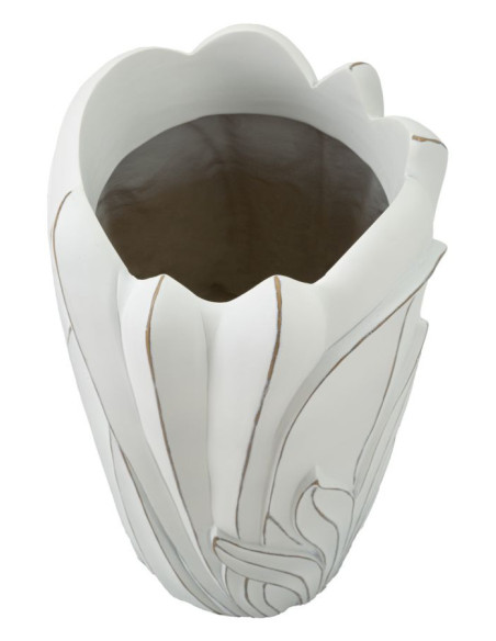 Grand Vase moderne Rond Hauteur 48 cm en Résine Blanc Patiné Motif feuilles Gardy 