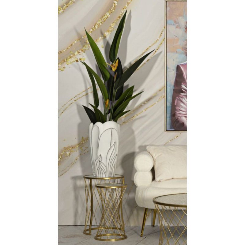 Grand Vase moderne Rond Hauteur 48 cm en Résine Blanc Patiné Motif feuilles Gardy 