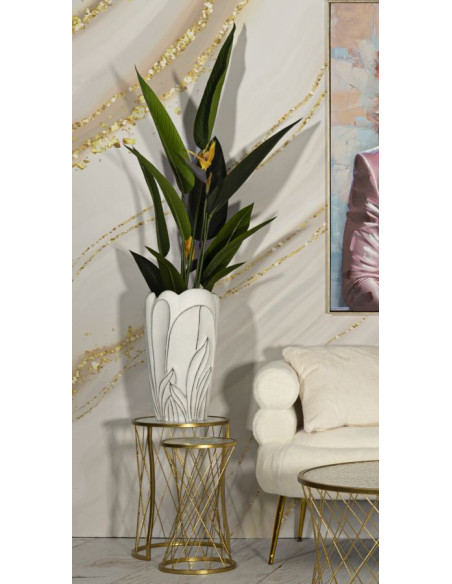 Grand Vase moderne Rond Hauteur 48 cm en Résine Blanc Patiné Motif feuilles Gardy 