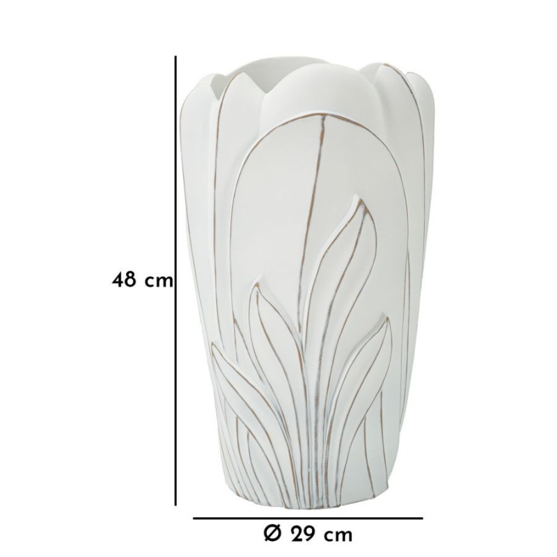 Grand Vase moderne Rond Hauteur 48 cm en Résine Blanc Patiné Motif feuilles Gardy 