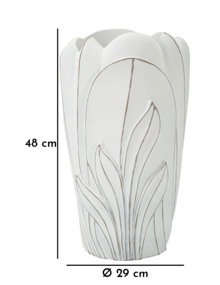 Grand Vase moderne Rond Hauteur 48 cm en Résine Blanc Patiné Motif feuilles Gardy 