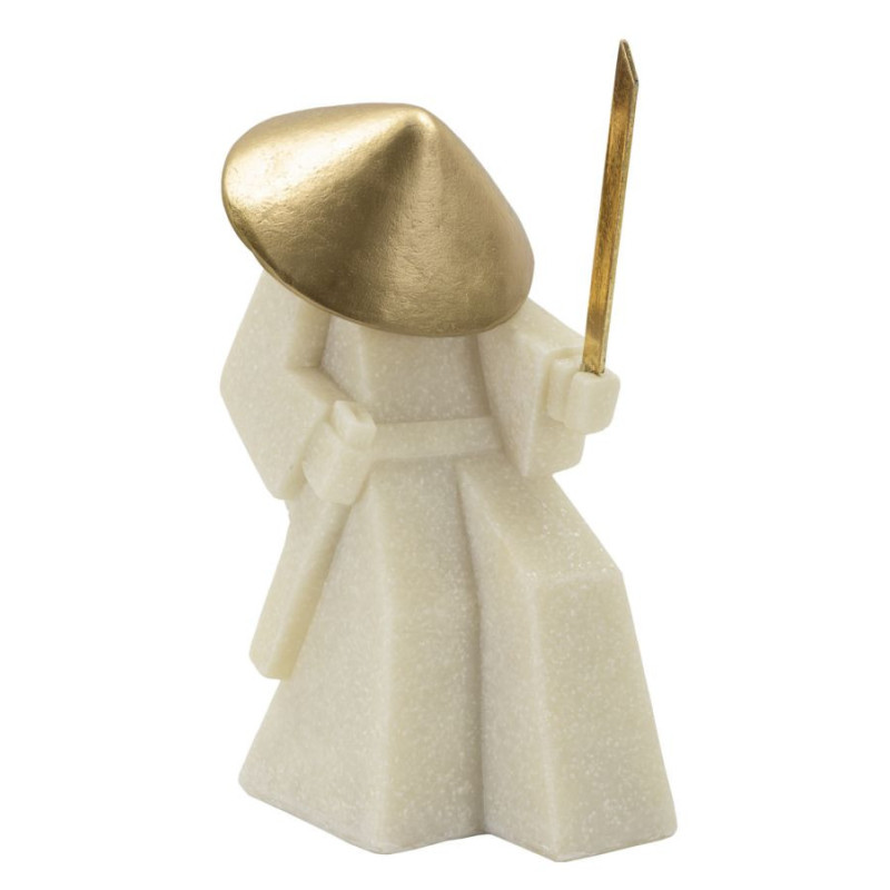 Grande Statuette déco moderne Samouraï Jodan-no-kamae Hauteur 24 cm en Résine Blanc Effet quartz Métal Doré Toku 