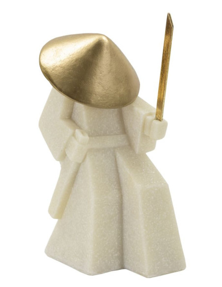 Grande Statuette déco moderne Samouraï Jodan-no-kamae Hauteur 24 cm en Résine Blanc Effet quartz Métal Doré Toku 