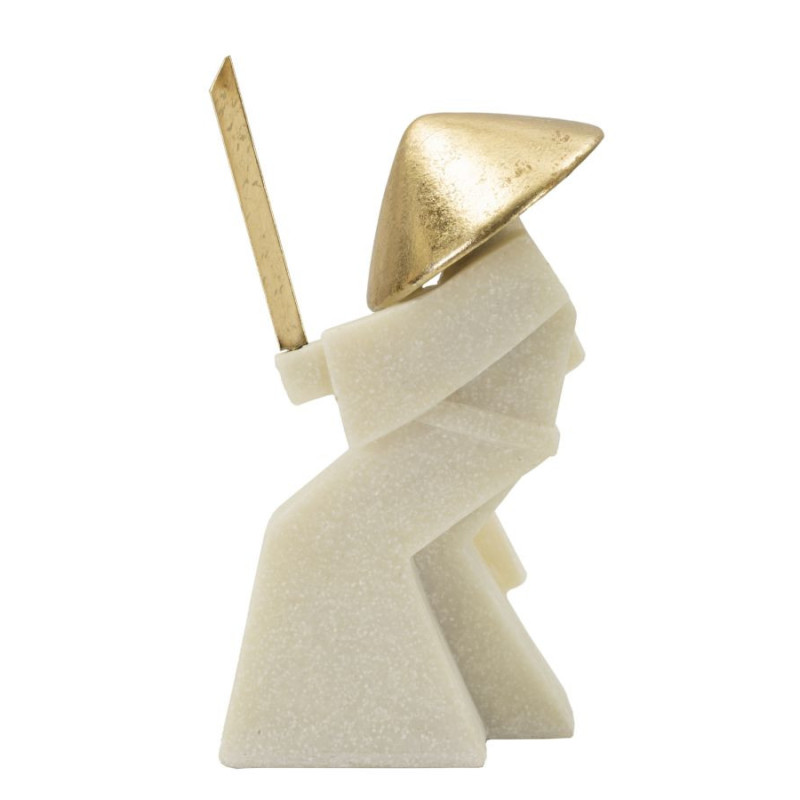 Grande Statuette déco moderne Samouraï Jodan-no-kamae Hauteur 24 cm en Résine Blanc Effet quartz Métal Doré Toku 