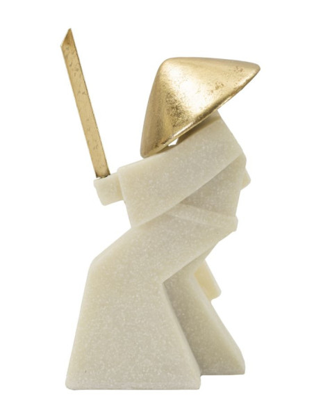 Grande Statuette déco moderne Samouraï Jodan-no-kamae Hauteur 24 cm en Résine Blanc Effet quartz Métal Doré Toku 