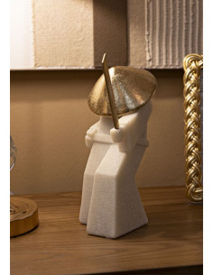 Grande Statuette déco moderne Samouraï Jodan-no-kamae Hauteur 24 cm en Résine Blanc Effet quartz Métal Doré Toku 