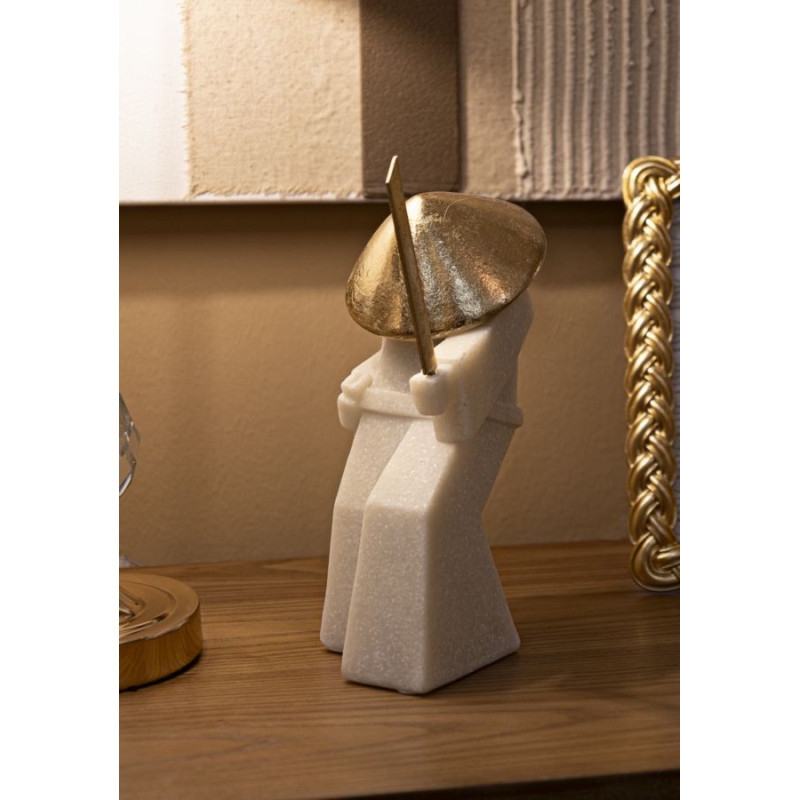 Grande Statuette déco moderne Samouraï Jodan-no-kamae Hauteur 24 cm en Résine Blanc Effet quartz Métal Doré Toku 