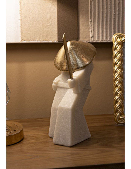 Grande Statuette déco moderne Samouraï Jodan-no-kamae Hauteur 24 cm en Résine Blanc Effet quartz Métal Doré Toku 
