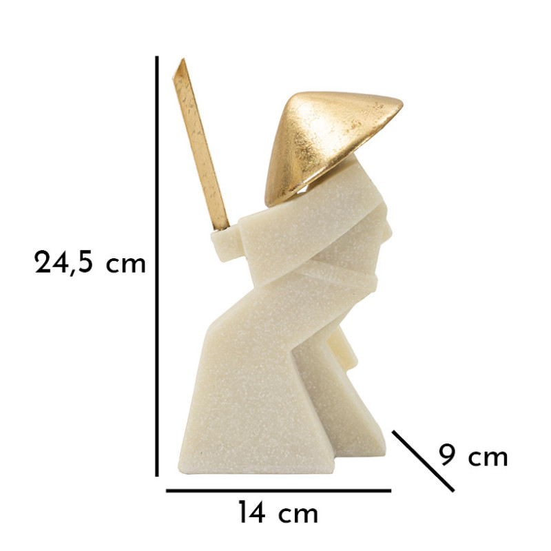 Grande Statuette déco moderne Samouraï Jodan-no-kamae Hauteur 24 cm en Résine Blanc Effet quartz Métal Doré Toku 