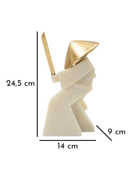 Grande Statuette déco moderne Samouraï Jodan-no-kamae Hauteur 24 cm en Résine Blanc Effet quartz Métal Doré Toku 