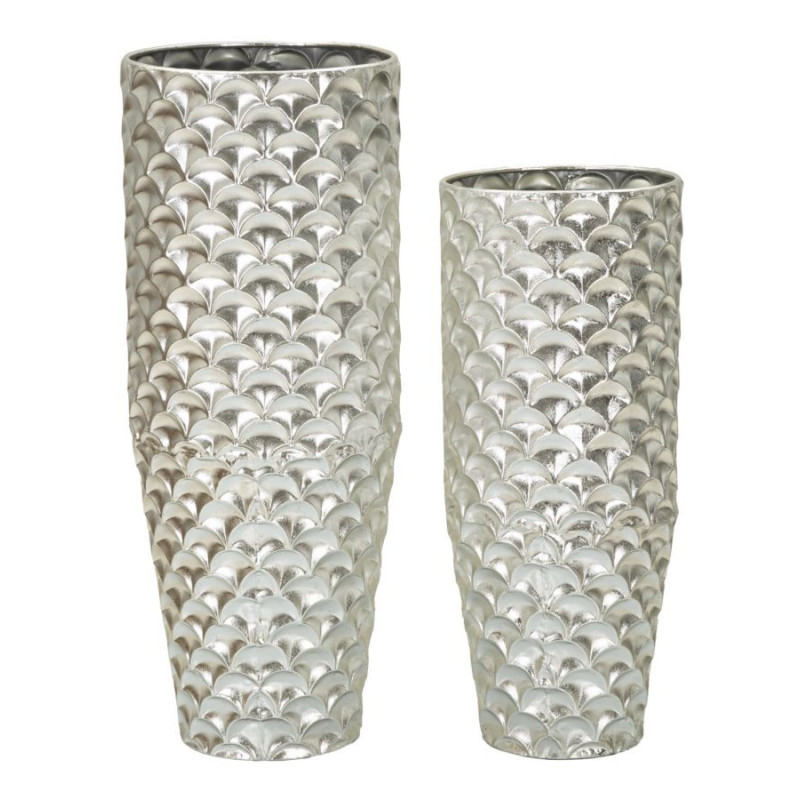 Grand Vase déco haut moderne Rond en Métal Argenté Silvy (Lot de 2) 