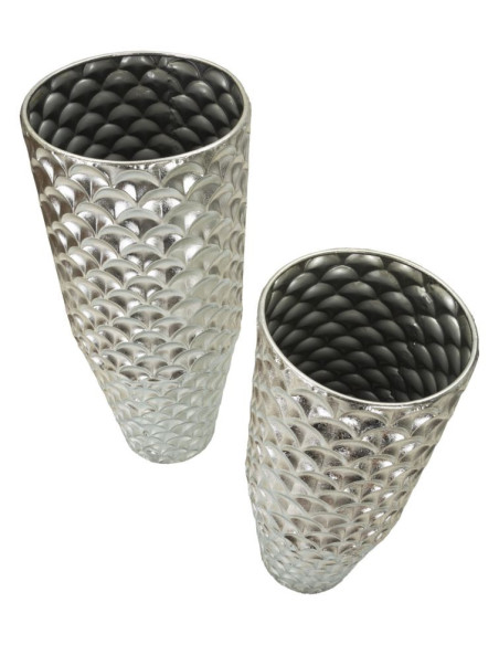 Grand Vase déco haut moderne Rond en Métal Argenté Silvy (Lot de 2) 