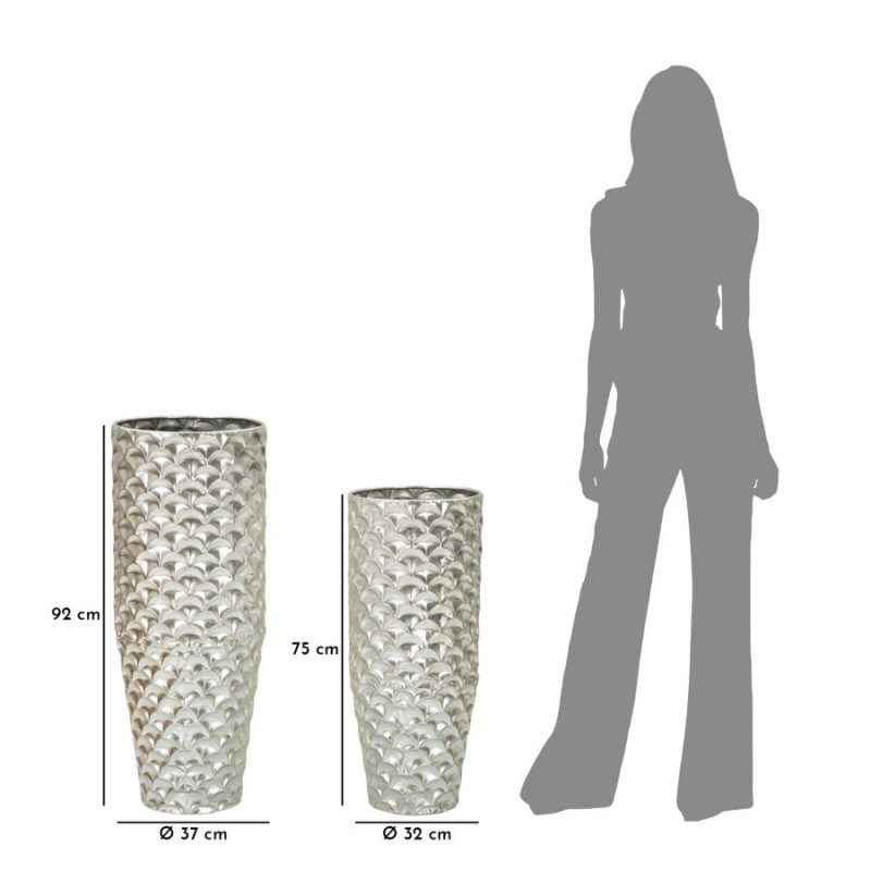 Grand Vase déco haut moderne Rond en Métal Argenté Silvy (Lot de 2) 