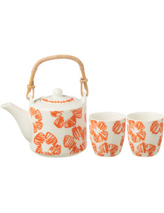 Service à thé 1 théière et 2 tasses 600 ml en Céramique Blanc Orange Motif fleurs Candace - 1