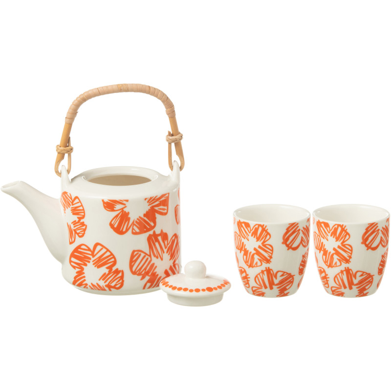 Service à thé 1 théière et 2 tasses 600 ml en Céramique Blanc Orange Motif fleurs Candace - 2