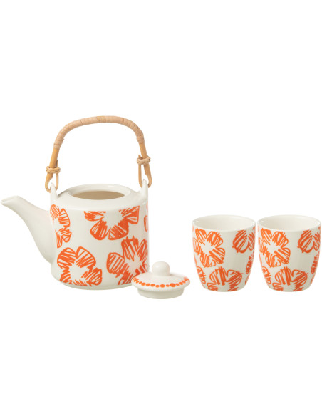 Service à thé 1 théière et 2 tasses 600 ml en Céramique Blanc Orange Motif fleurs Candace - 2