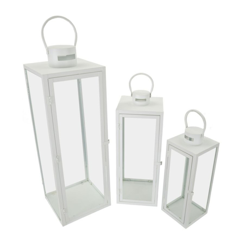 Lanterne à bougie moderne en Métal Blanc Verre Transparent White (Lot de 3) 
