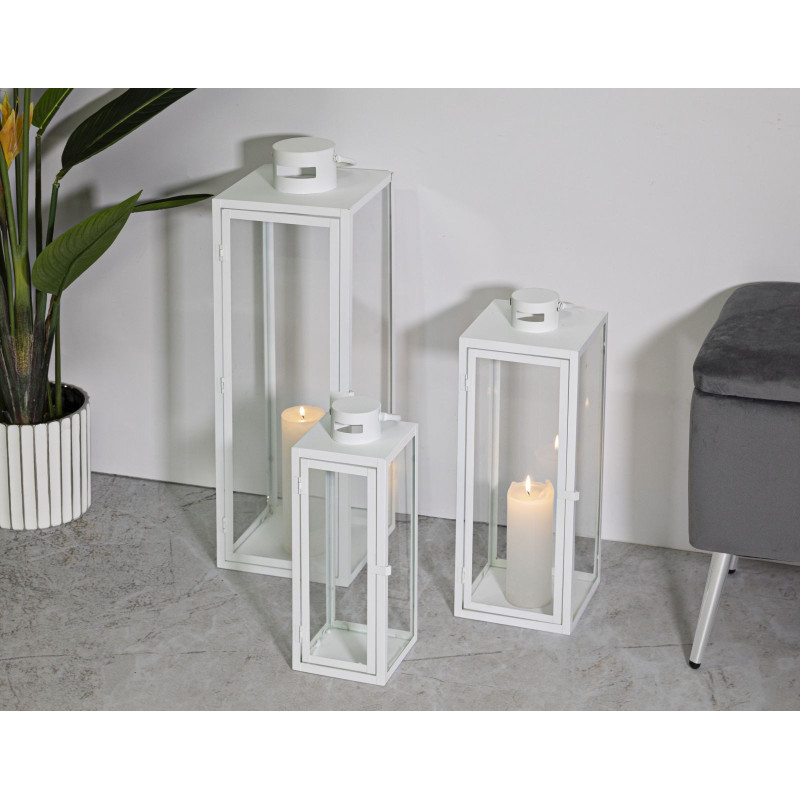 Lanterne à bougie moderne en Métal Blanc Verre Transparent White (Lot de 3) 