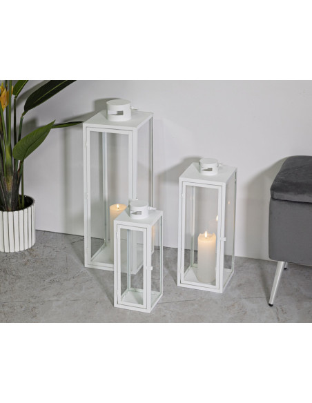 Lanterne à bougie moderne en Métal Blanc Verre Transparent White (Lot de 3) 