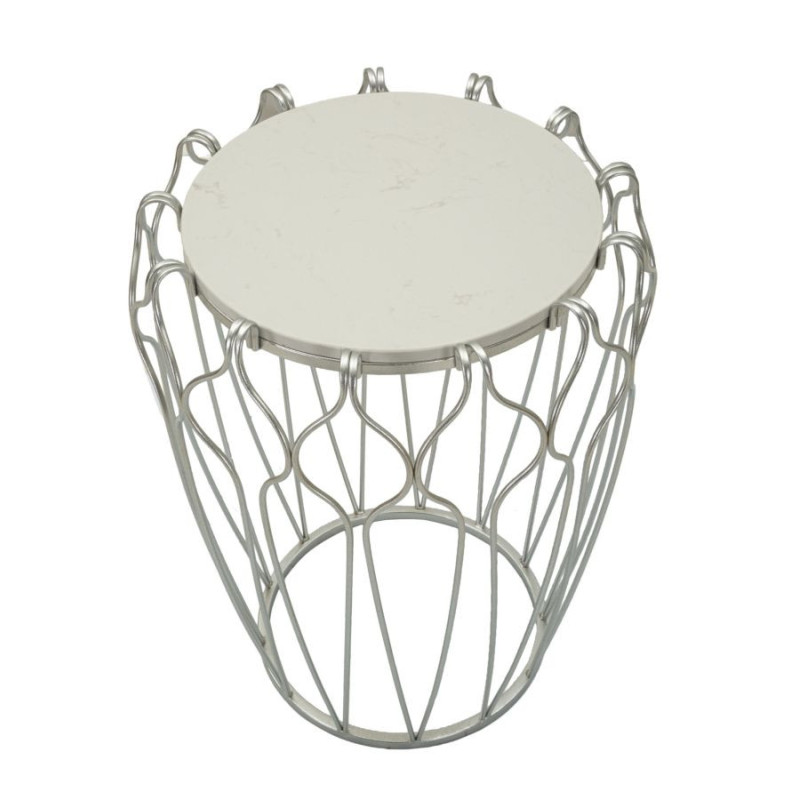 Grande Table d'appoint moderne chic Ronde en Marbre Blanc Métal Argenté Hook 