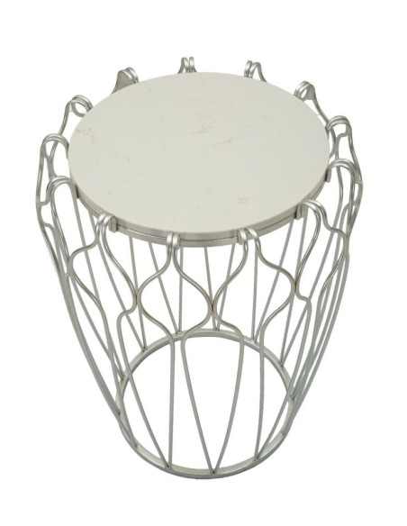 Grande Table d'appoint moderne chic Ronde en Marbre Blanc Métal Argenté Hook 