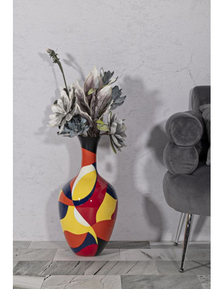 Vase moderne Rond Hauteur 59 cm en Résine Motif abstrait coloré Rubic 