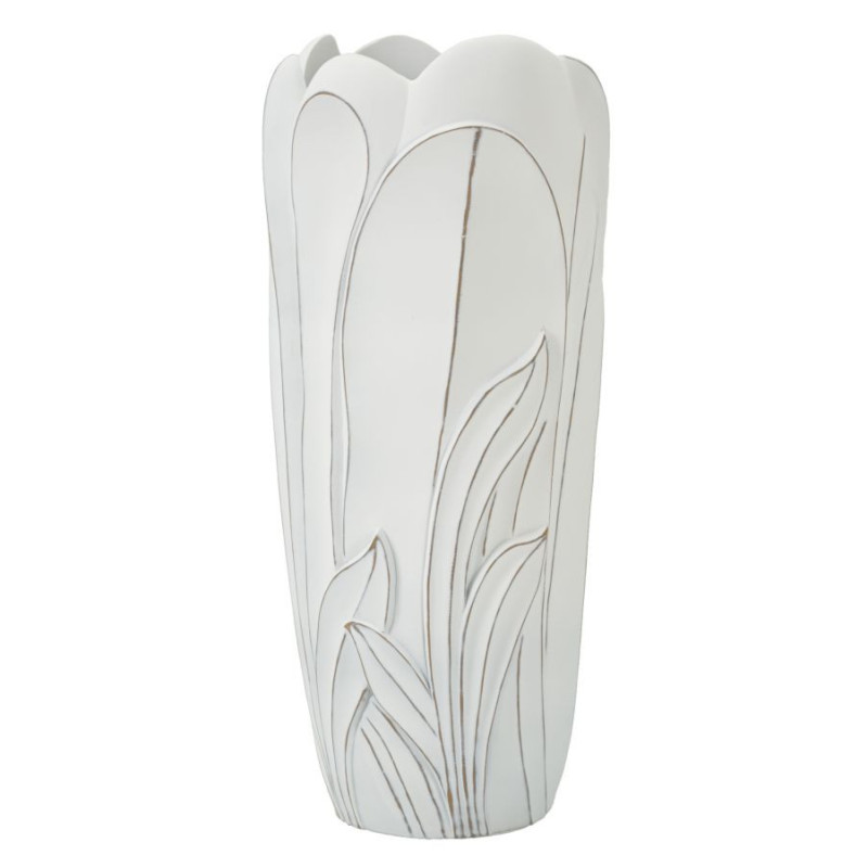 Grand Vase moderne Rond Hauteur 69 cm en Résine Blanc Patiné Motif feuilles Gardy 