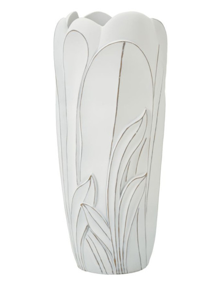 Grand Vase moderne Rond Hauteur 69 cm en Résine Blanc Patiné Motif feuilles Gardy 