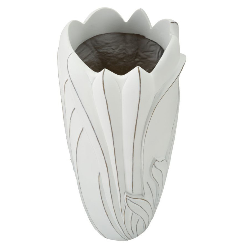 Grand Vase moderne Rond Hauteur 69 cm en Résine Blanc Patiné Motif feuilles Gardy 