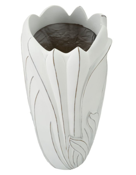 Grand Vase moderne Rond Hauteur 69 cm en Résine Blanc Patiné Motif feuilles Gardy 
