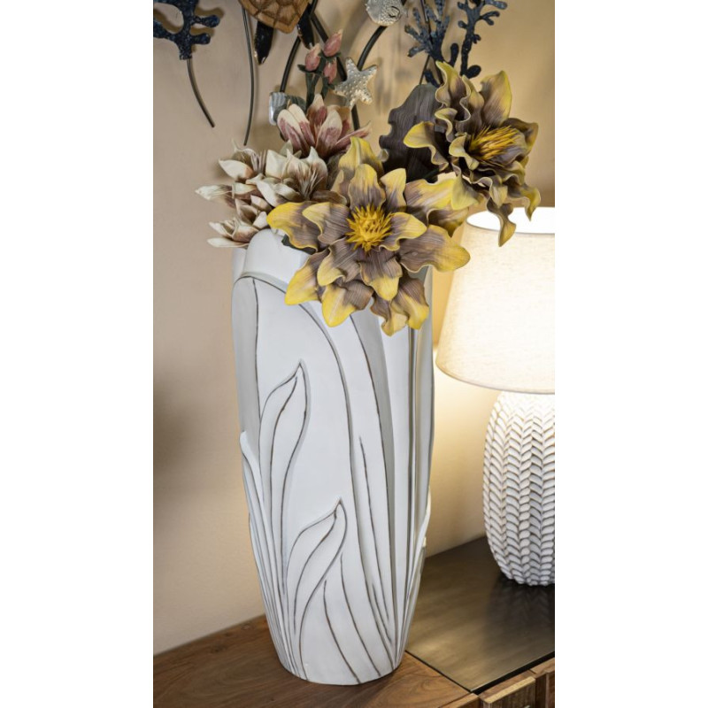 Grand Vase moderne Rond Hauteur 69 cm en Résine Blanc Patiné Motif feuilles Gardy 