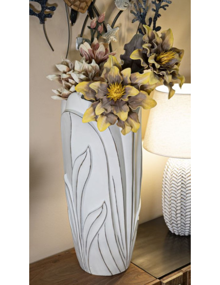Grand Vase moderne Rond Hauteur 69 cm en Résine Blanc Patiné Motif feuilles Gardy 
