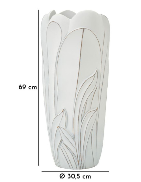 Grand Vase moderne Rond Hauteur 69 cm en Résine Blanc Patiné Motif feuilles Gardy 