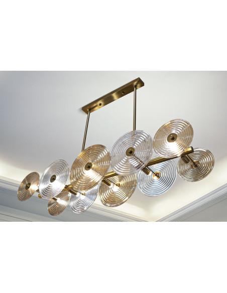 Grande Suspension moderne chic 7 lampes 116 cm en Verre Semi-transparent Ambré Métal Doré Venice 