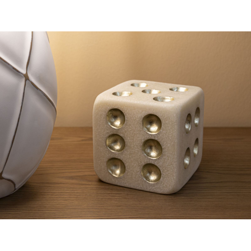 Objet déco moderne Dé 12 cm en Résine Blanc Effet quartz Doré Dado 