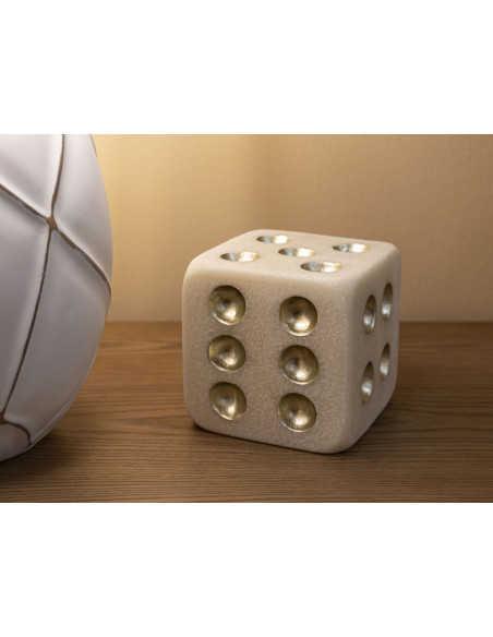 Objet déco moderne Dé 12 cm en Résine Blanc Effet quartz Doré Dado 