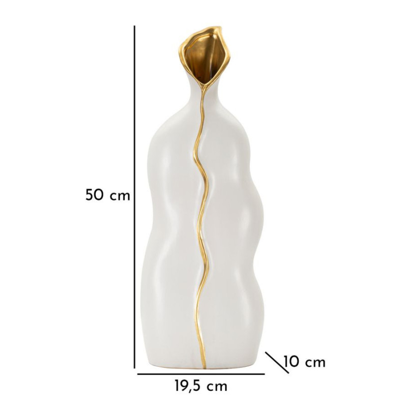 Grand Vase original moderne Plat Hauteur 50 cm en Céramique Blanc Doré Uma 