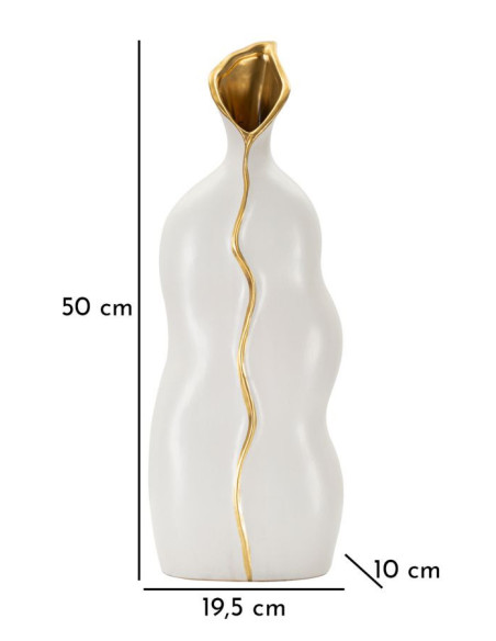 Grand Vase original moderne Plat Hauteur 50 cm en Céramique Blanc Doré Uma 