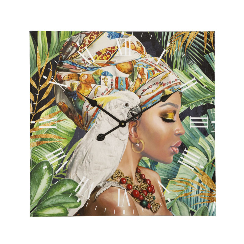 Grande Horloge murale carrée Femme africaine 60 cm en Bois MDF Kloe 