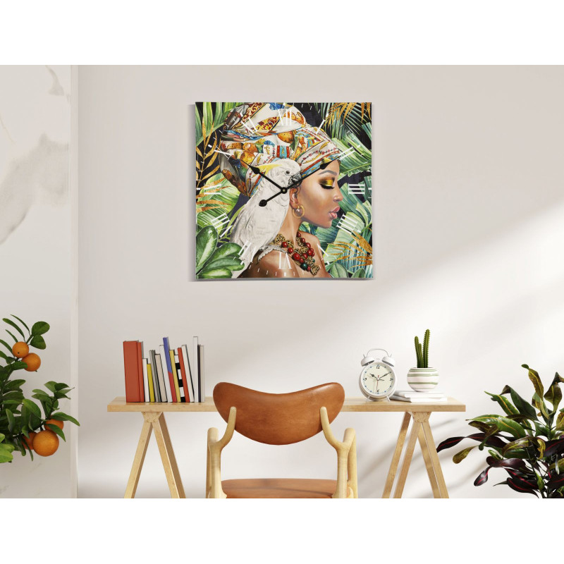 Grande Horloge murale carrée Femme africaine 60 cm en Bois MDF Kloe 