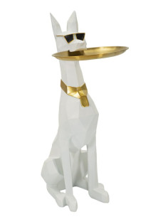 Statue déco moderne Dobermann avec plateau Hauteur 74 cm en Résine Métal Blanc Doré Ory 