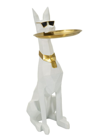 Statue déco moderne Dobermann avec plateau Hauteur 74 cm en Résine Métal Blanc Doré Ory 