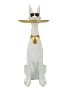 Statue déco moderne Dobermann avec plateau Hauteur 74 cm en Résine Métal Blanc Doré Ory 
